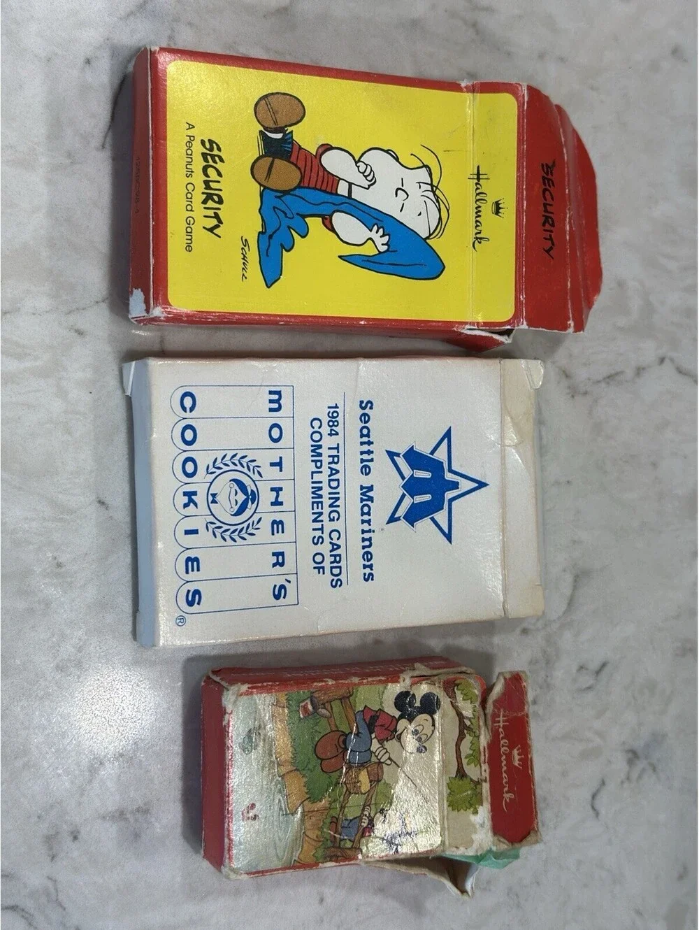 3 Vintage Cards, Seattle Mariners, Mickey Mouse Playing Cards, Peanuts Card Game